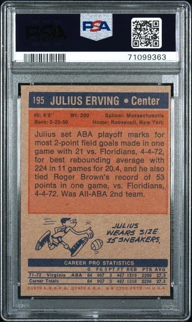 1972-73 Julius Erving RC Rookie Topps #195 Squires classificação PSA 7 QUASE PERFEITO ESTADO PERFEITO - Imagem 2 de 2