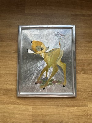 Vintage Disney Bambi Folienkunst Bild Retro Wanddeko Silber Glitzereffekt