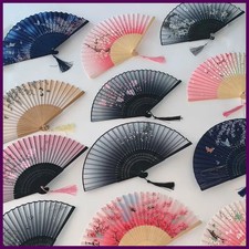 1Pc Vintage Silk Folding Fan Retro Chinese Japanese Bamboo Folding Fan Tassel