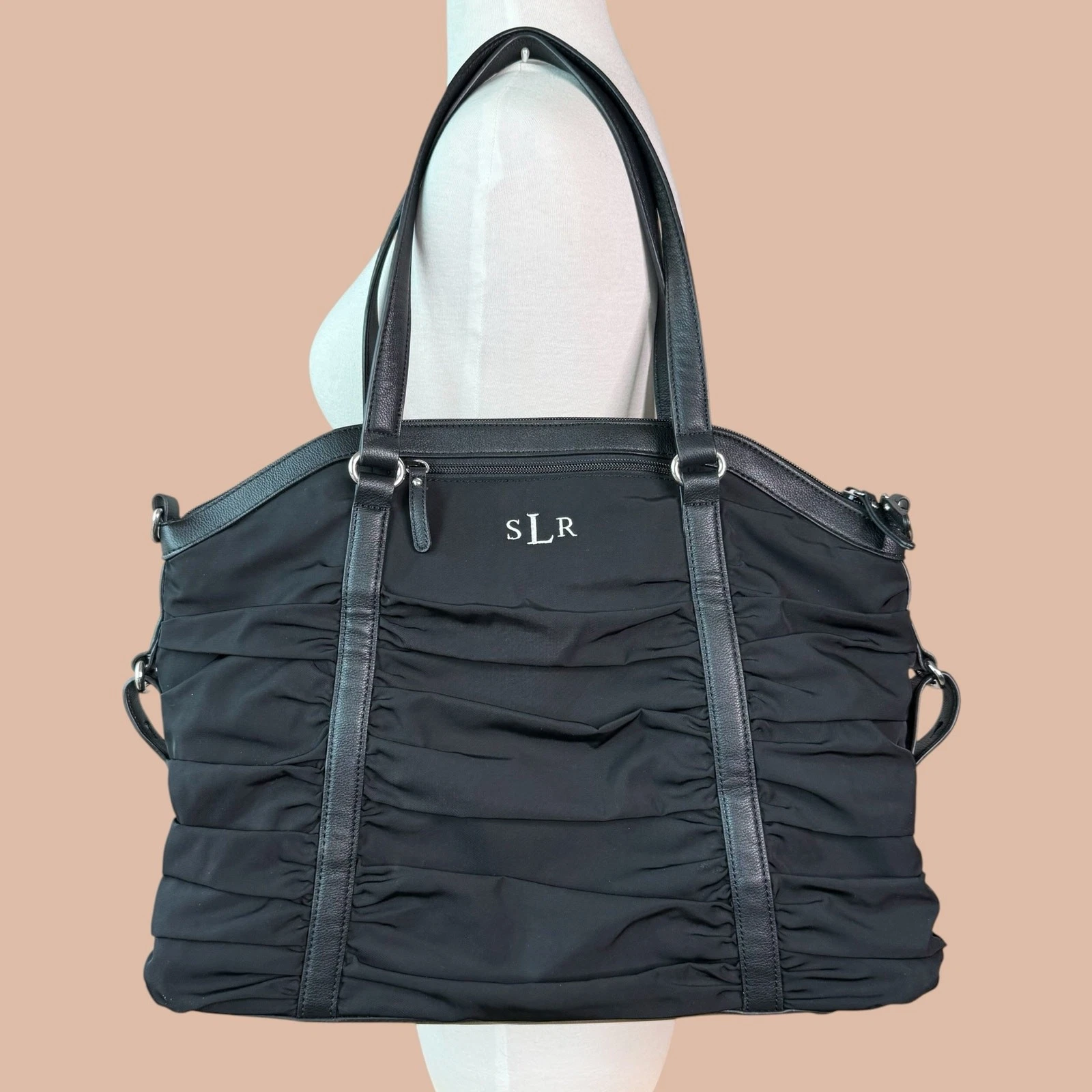Pottery Barn Kids Diaper Bag Black Sydnee Ruched SLR Monogram with Change Pad