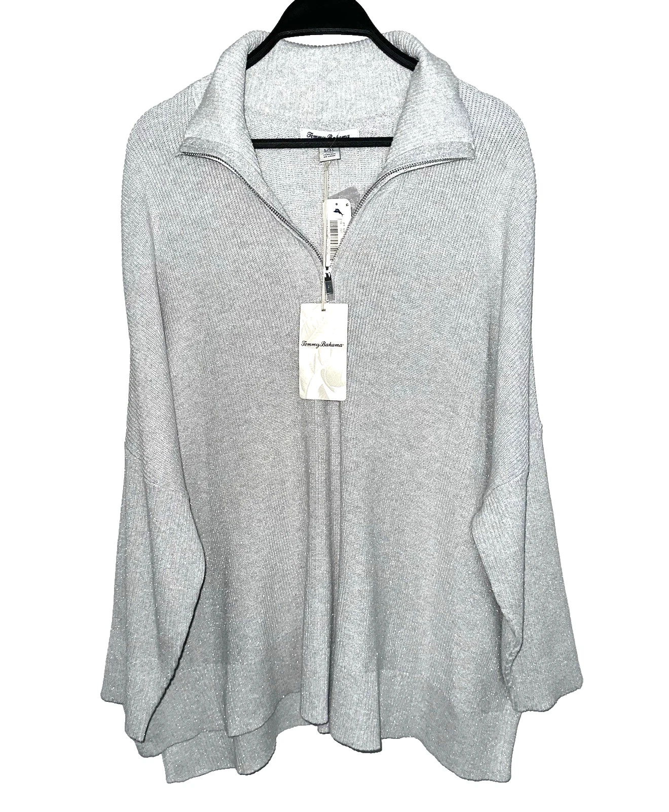 New NWT TOMMY BAHAMA Bonita Half-Zip Poncho Sweater Silver Gray Shimmer L / XL