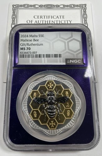 2024 5€ Malta S5E Maltese Bee - NGC MS70 - .9999 AG Gilt/Ruthenium- Lim Edition