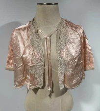 Antique 20/30s Silk Peach Bed Jacket W Lace Trim Collar Embroidered Romantic O/S