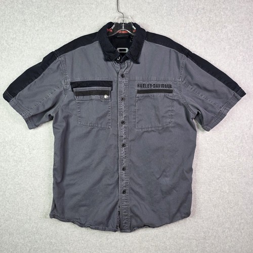 Harley Davidson Motors Gray Short Sleeve Button Front Shirt Mens Sz L