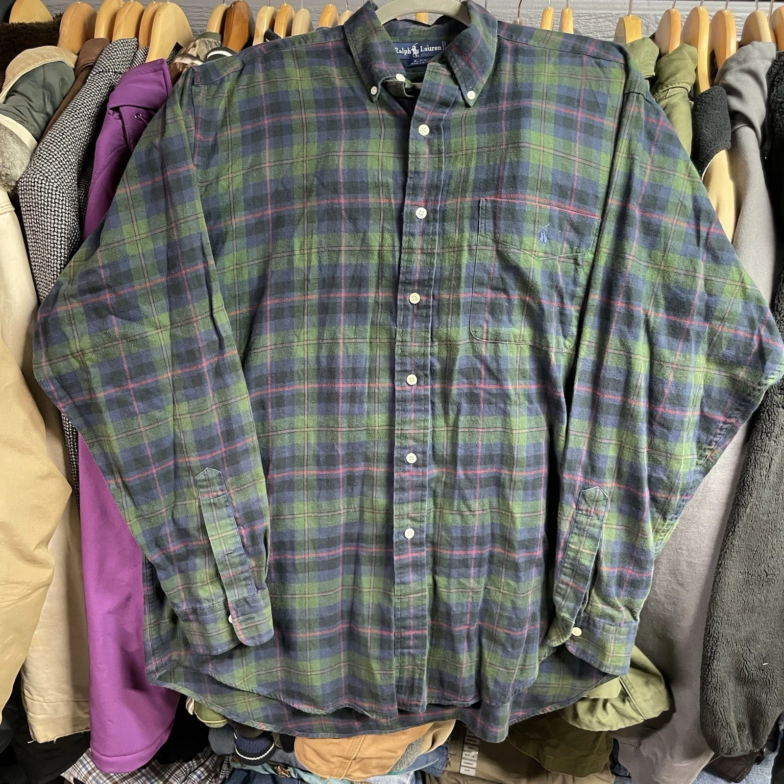 90s Polo Ralph Lauren Blaire Shirt Mens L Blue Green Tartan Plaid Large