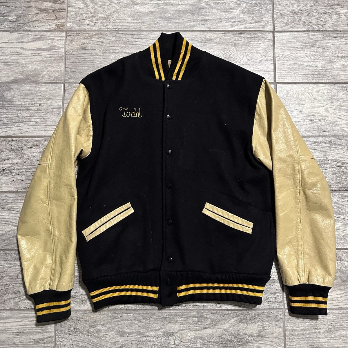 Vintage 60s Kandel Varsity Letterman Jacket Wool Leather Black