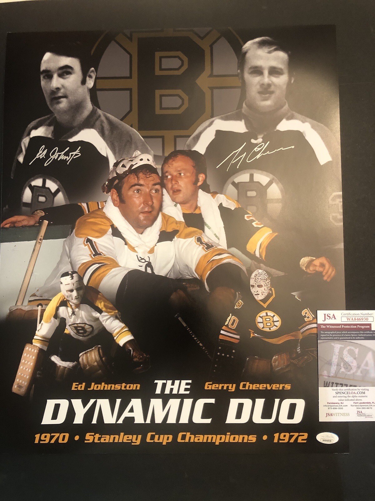 GERRY CHEEVERS / ED JOHNSTON Autographed Signed Boston Bruins JSA GERRY CHEEVERS & ED JOHNSTON 16X20 PHOTO AUTO MASK 930 