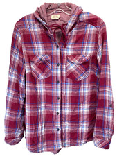 Boston Traders Jacket Women Large Red Plaid Flannel Hooded Cotton Blend Shirt