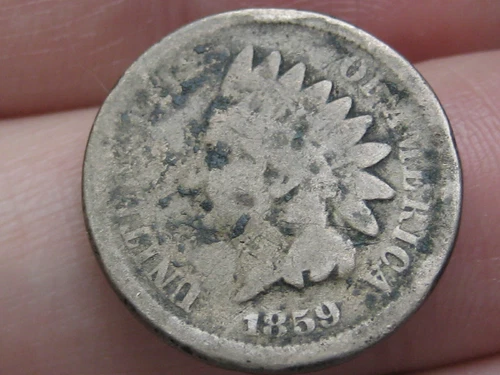 1859 Copper Nickel Indian Head Cent Penny- Good/VG Details, Reverse Die Break