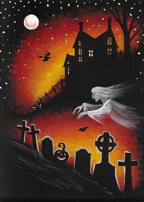 5x7 print of painting RYTA Halloween Ghost Cemetery Haunted House