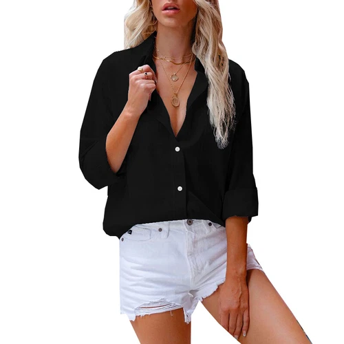 Women’s Cotton Linen Plain Blouse Tops Ladies Baggy Long Sleeve Casual T-Shirt ! - Picture 8 of 23