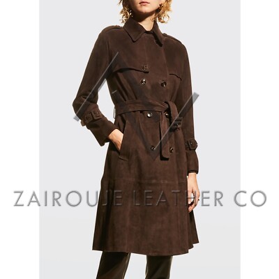 Brown Suede Trench Coat Womens - Double-Breasted Longline Belted Overcoat Stylis