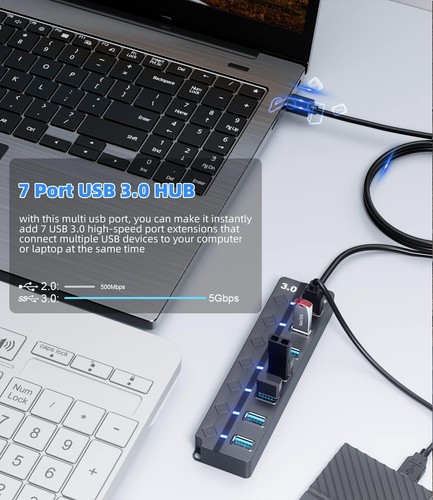 USB 3.0 Hub 7-Port PANPEO Splitter w/ Switches LED PC Laptop Extension 3ft - Picture 3 of 7