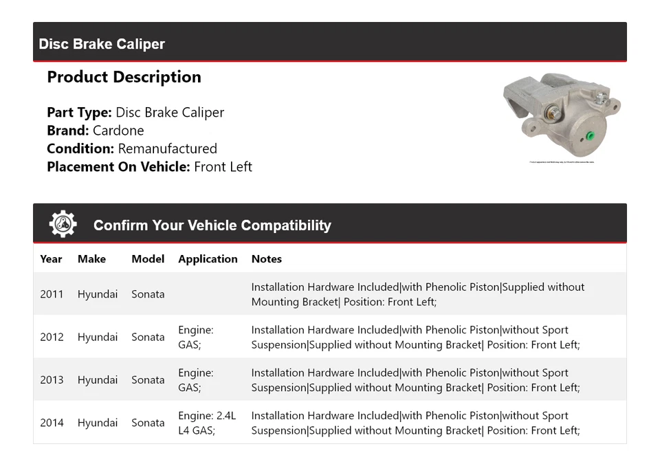 Pinza de freno de disco delantera izquierda cardone 2012 2013 para Hyundai Sonata 2011-2014 Foto 2 de 4