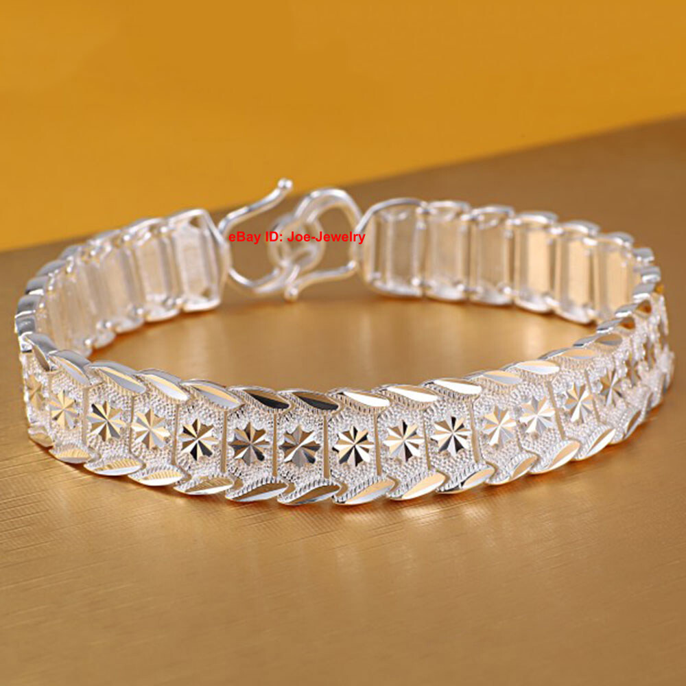 Solid 990 Fine Silver 13mm Wider Flat Link Chain Men's Bracelet 7.08-8.66inch