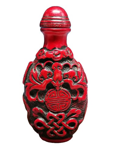 Vtg Chinese Snuff Bottle 3” White Glass Red Landscape Painting