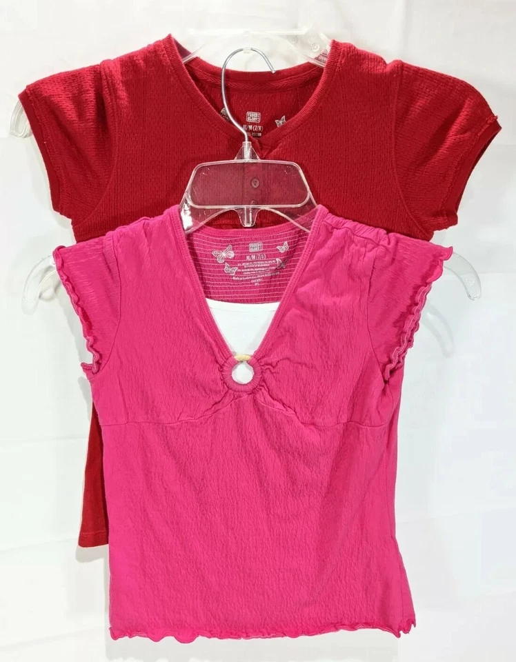 Camiseta FADED GLORY feminina pacote com 2 botões vermelha 1/2 e rosa manga boné em camadas tamanho M - Imagem 2 de 4