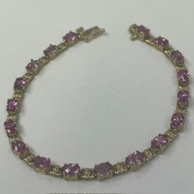 Mystic Pink Topaz 6x4 Oval Checkerboard Gemstone 10kt Yellow Gold Link Bracelet