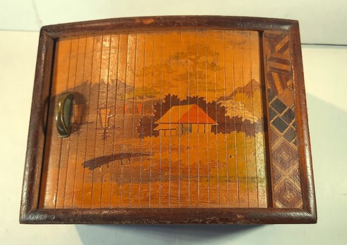 Japanese ROLLTOP Box with MARQUETRY work. on all sides MT FUGI Primary Image