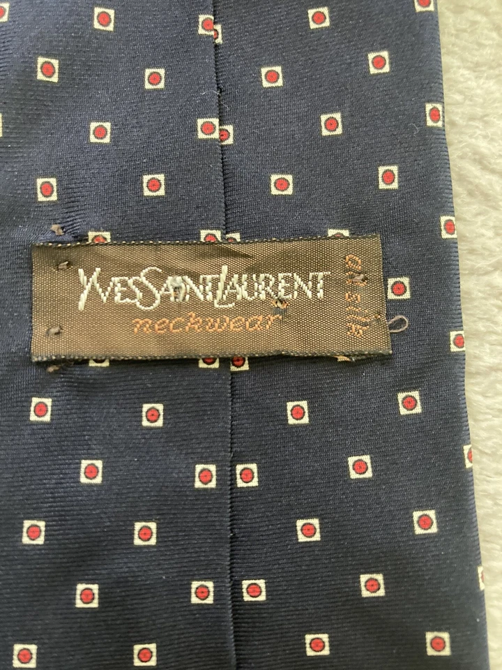 Yves Saint Laurent Men’s 100% Silk Necktie Tie Geometric Squares Circles Blue - Imagem 3 de 4