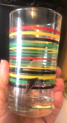Vtg 4.5" FIESTA STRIPED JUICE GLASS Red Yellow Drinkware Tumbler Anchor Hocking