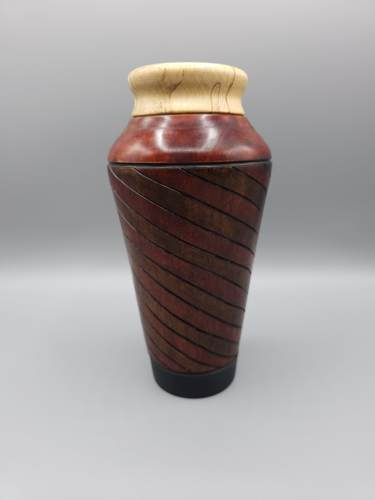 Wooden Container Jar W/Lid  Decorative Spiral Carved Two-Tone Design Apprx 7.5"H