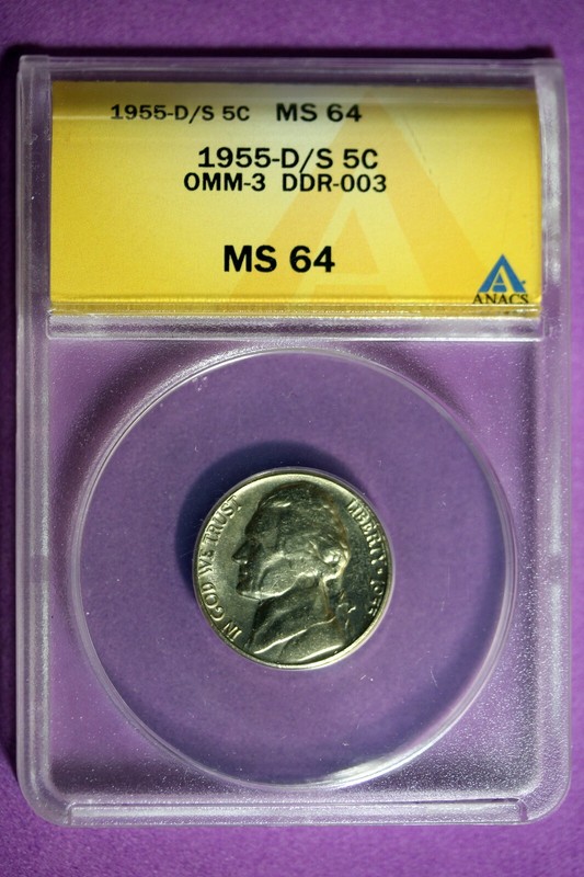 1955 - D/S ANACS MS64 OMM-3 DDR-003 JEFFERSON NICKEL!! #B33010
