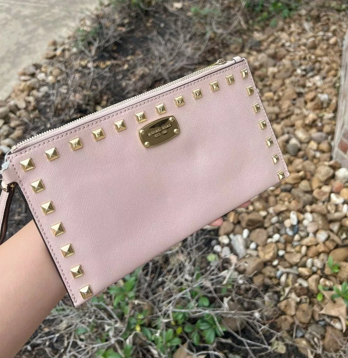 New Michael Kors Sandrine Studded Large Zip Clutch Ballet Final Sale