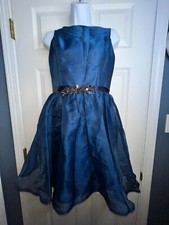 Noir by Lazaro Women’s 8 Blue Oragnza Cocktail A-Line Dress Belt M # 3179 Flaw