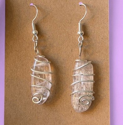 handmade pair of kunzite gemstone wire wrapped spiral earrings natural crystal