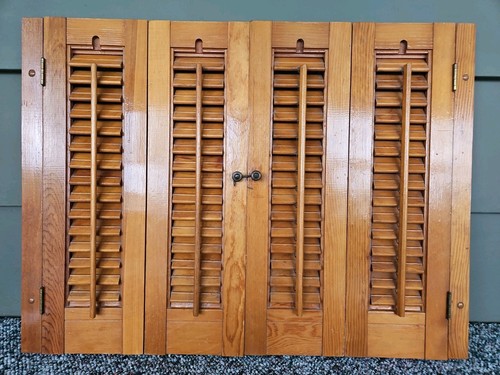 Vintage Indoor Wooden Shutters 27" x 20" or 24.5" x 20" Louvered Brass Hardware