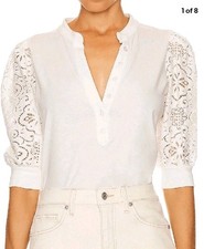 Veronica Beard Coralee Puff-Sleeve Top in Off White Floral Lace Sleeve, XS 198