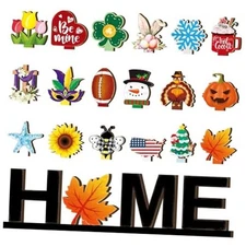 Home Letter Sign Decoration with 18 Pcs Interchangeable Seasonal Icons Wooden 