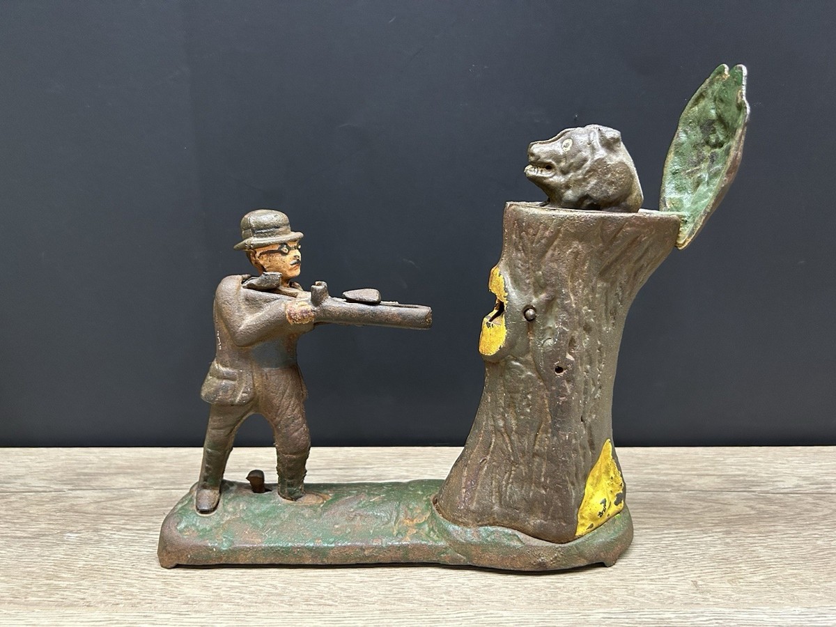 Vintage Teddy and the Bear Cast Iron Metal Mechanical Coin Bank Roosevelt