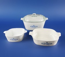 Corning Ware Blue Cornflower Casserole Dishes Set 3 w/lid 2.5, 3.5 qt, 22 Oz VTG