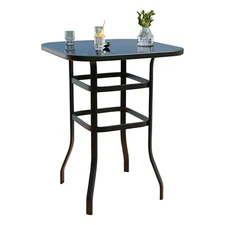 Patio Bar Table with Tempered Glass Table-Top Metal Frame Bar Table Bistro