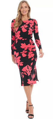 London Times Dress Size 16W 16 PLUS Black Pink Floral Ruched Fit & Flare APR216