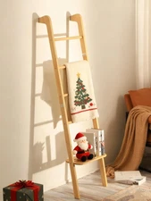 Minimalist Wood Blanket ladder - Boho Style Wall-leaning Display Towel Rack f...
