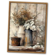 Framed Farmhouse Vintage Canvas Wall Art, 10"L x 8"W Retro Flowers Floating