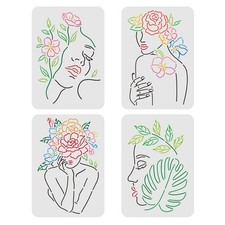 4 Pcs Women Face Stencil 11.7x8.3 inch Women Painting Stencil Floral Female F...