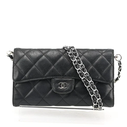 AUTH CHANEL Matelasse Lamb Skin Wallet Coco Mark purse Black Chain P5098AT807