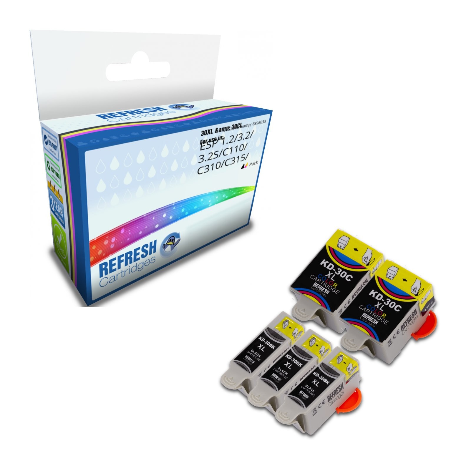 Refresh Cartridges Value Pack 3x 30XL/2x 30CL Ink Compatible With Kodak Printers