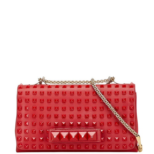 Valentino Studs Chain Shoulder Bag Leather Red