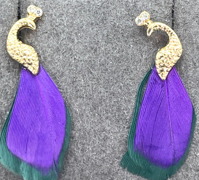 Earrings Gold Tone Peacock, Purple & Green Tail Feathers , Crystal Head Plume 1''