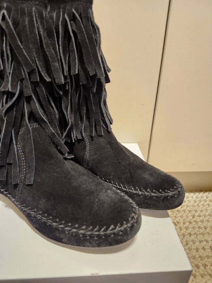 Винтажный новом Y2K Juicy Couture черная замша бахрома жесткая подошва мокасины ботинки Sz.7  - Изображение 4 из 4