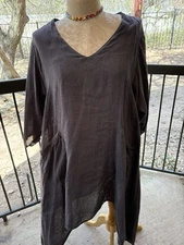 Match Point Maxi Midi Gray 100% Linen Dress Womens Lagenlook Pockets XL, XXL