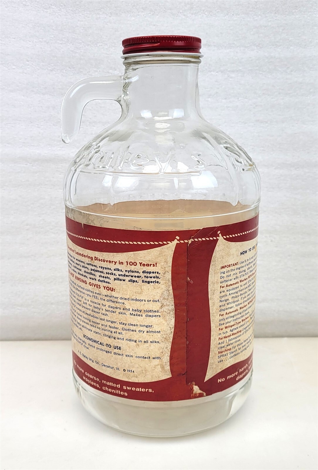 1954 Staley's Sta-Puf Half Gallon Glass Jar Bottle Fabric Softener Laundry ~ T56