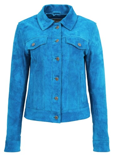 Womens Suede Trucker Jacket Teal Blue American Western Girls Denim Biker Style - Picture 3 of 10