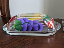 Handpainted Glass Butter Dish Purple Grapes Strawberry Clear Glass Cover W/ Lid