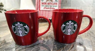 Set of 2 Starbucks Coffee Tea Mugs 12oz 2022 Red Marble Pattern Nice!